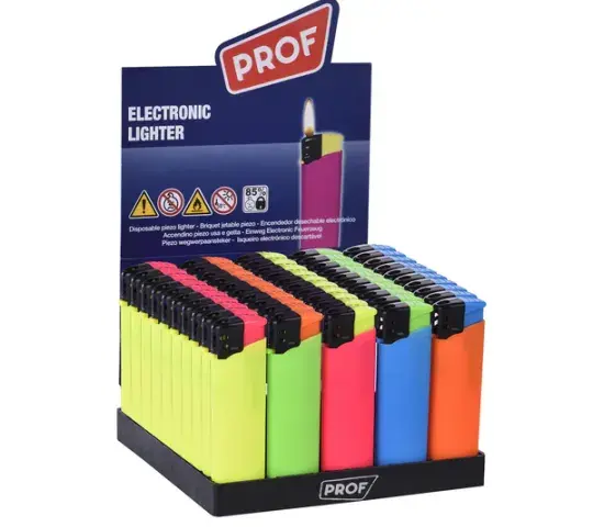 Display de 50 encendedores desechables.  Bi-color rubber touch electrónico.