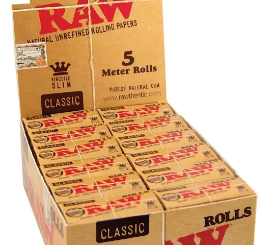 Display de 24 libritos x 1 hoja de 5 metros.  Raw rollo 5m.