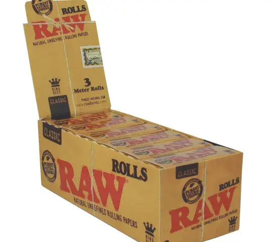 Display de 12 libritos por 1 hoja de 3 metros de papel RAW king size slim classic.
