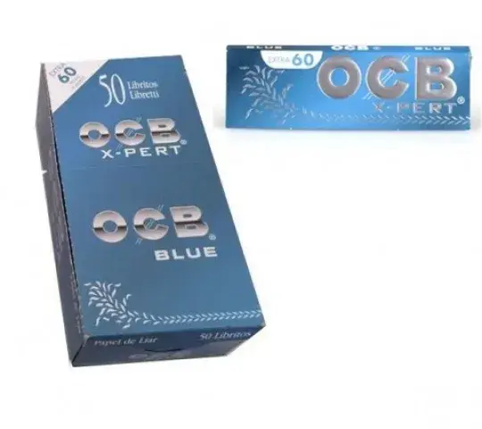 Display de 50 unidades.  Cada unidad contiene 60 hojas ocb blue.  Medidas: 69mm x 36mm.
