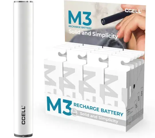 Display de 20 unidades batería ccell m3 color plateado.  Capacidad: 350 mAh.  Carcasa de acero inoxidable.  Rosca estándar 510.  Indicador LED.  Cargador USB incluido.