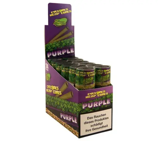 Display con 12 cajitas.  Cada cajita contiene 2 hemp cones purple.